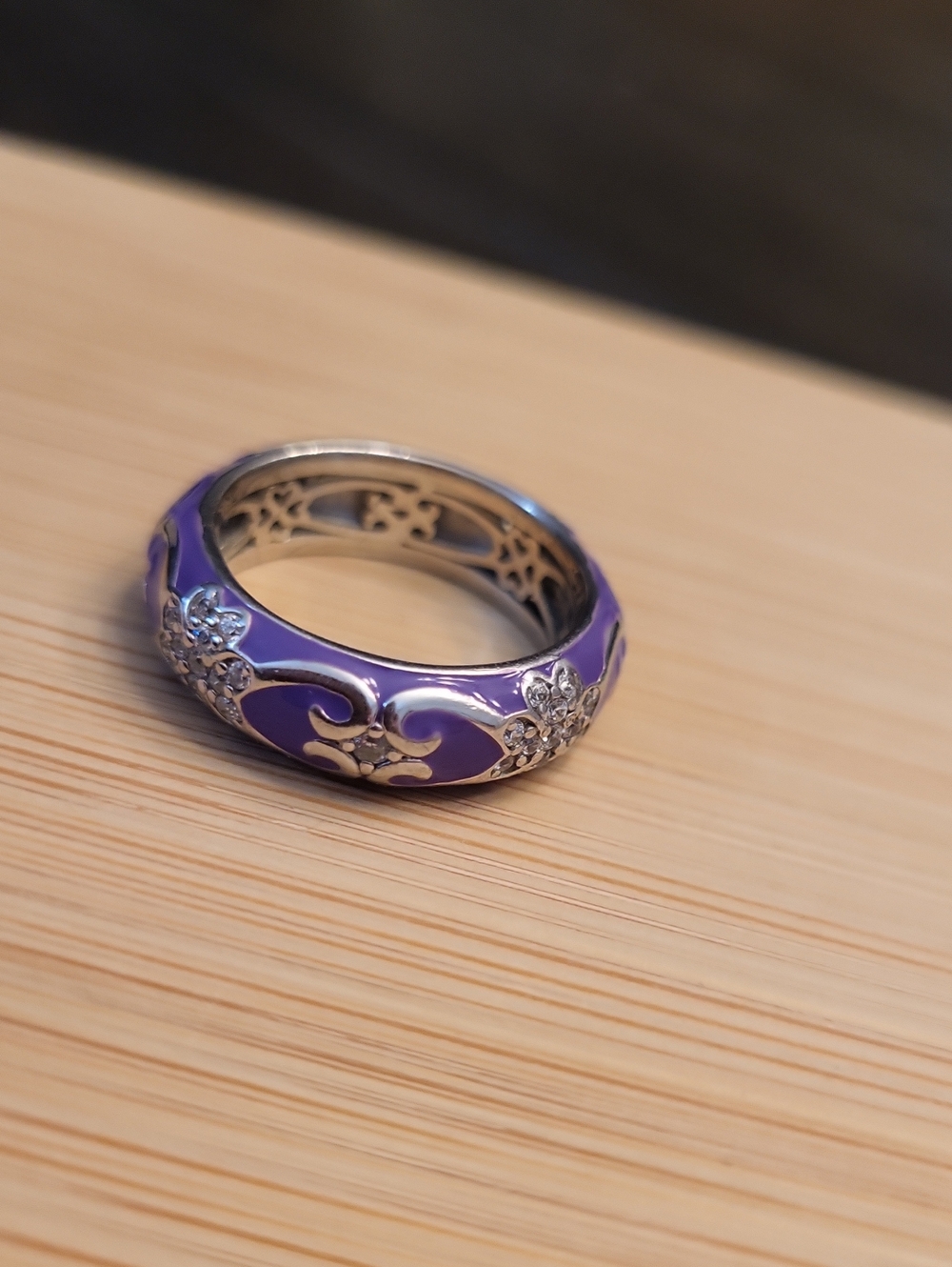 Sterling Silver 925 Purple Enamel CZ Floral wide band ring - Picture 6 of 12